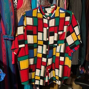 Vintage Color Block Button Down Short Sleeve Blouse